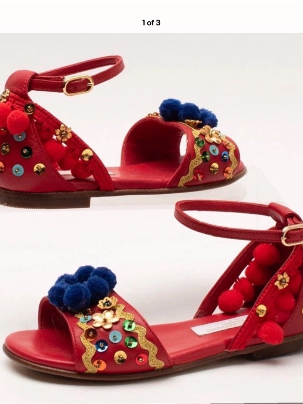 Embellished Red Pom-Pom Flat Sandals
